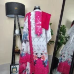 সাদা পিঙ্ক ফ্লোরাল প্রিন্টেড থ্রি পিস উইথ লেইস ওয়ার্ক