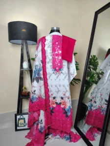 সাদা পিঙ্ক ফ্লোরাল প্রিন্টেড থ্রি পিস উইথ লেইস ওয়ার্ক