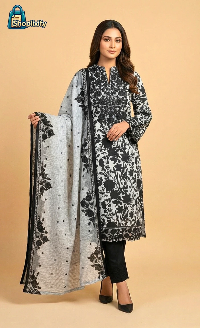 Black and white floral printed 3 piece suit for women 1 Black and white floral printed 3 piece suit for women 1