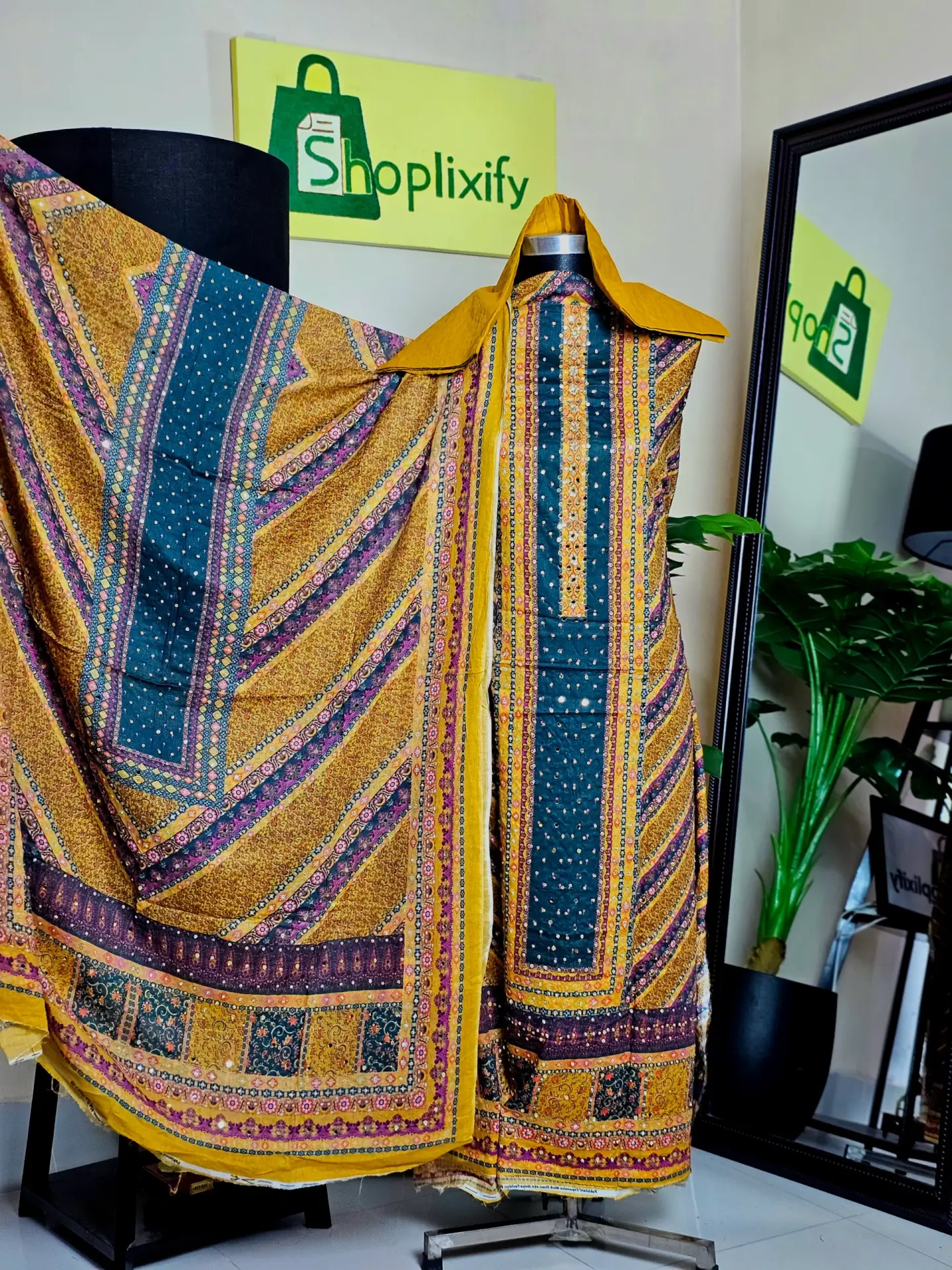 lahori mirror stone three piece | premium embroidered dress