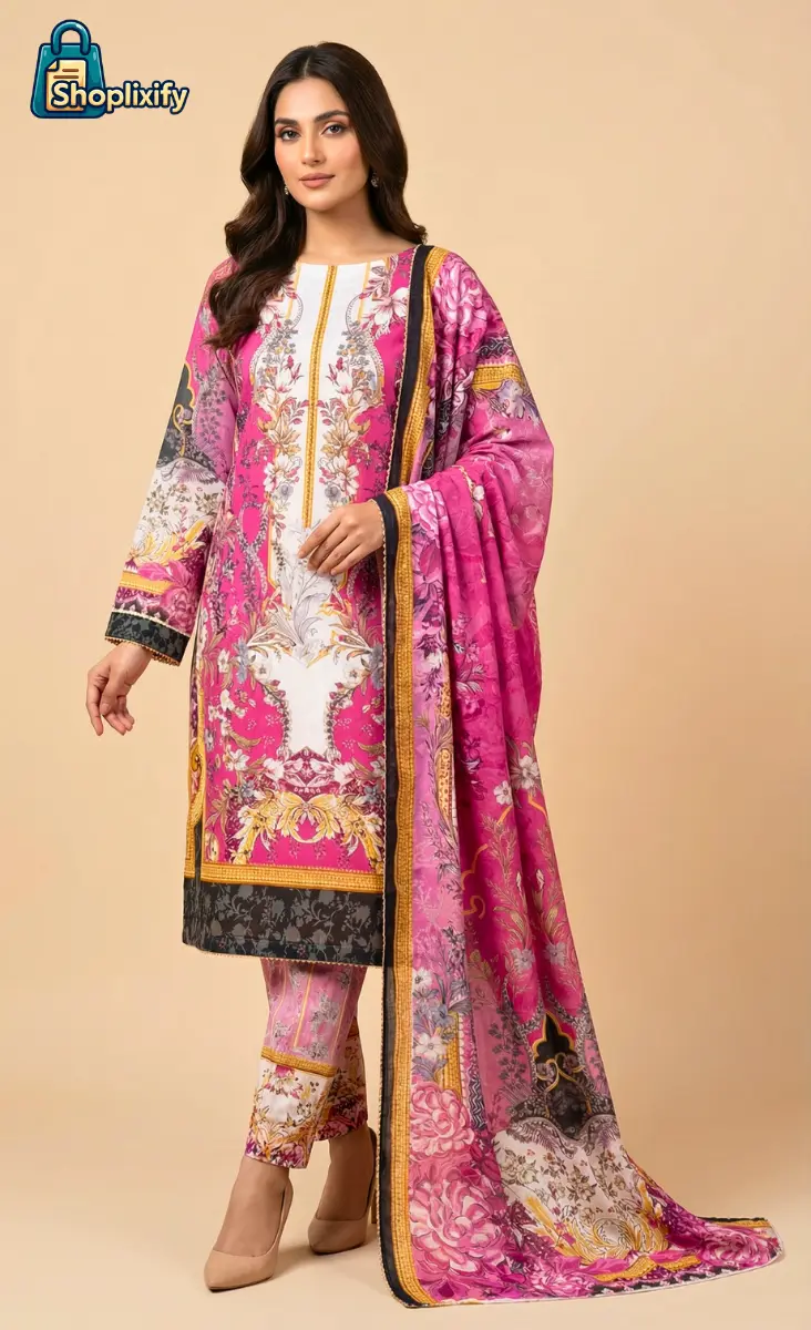 zamzam a grade premium printed three piece – luxury pink floral design for women